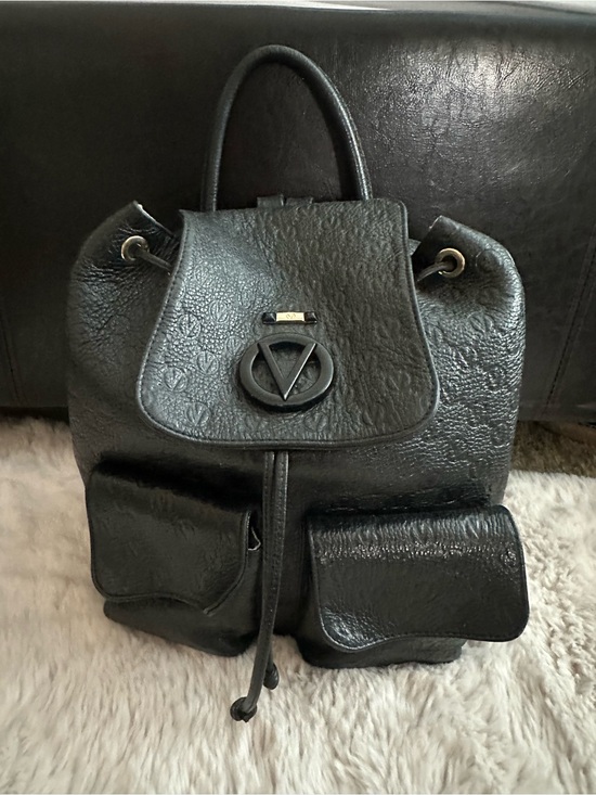 Valentino Handbags - Valentino Black Textured Leather Backpack with V-Logo